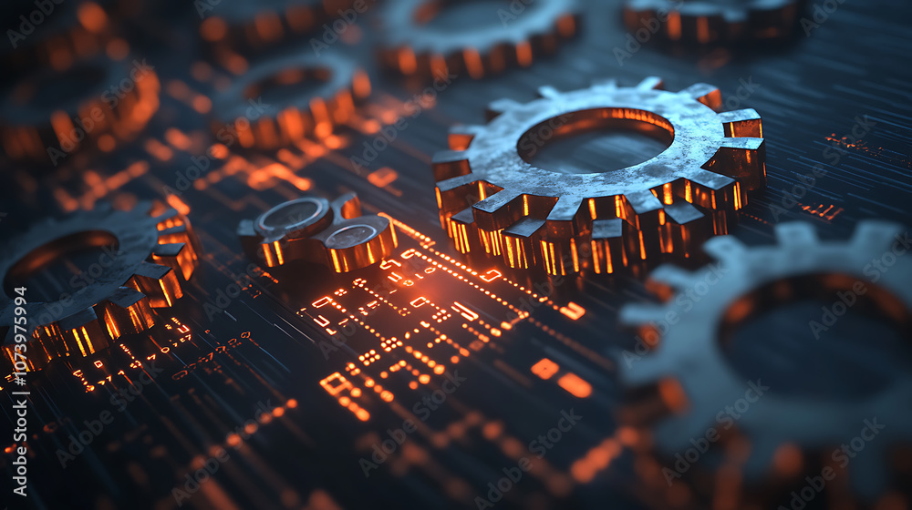Aufkleber Rust programming language concept with rusty gears emerging from the dark, symbolizing robust and efficient coding