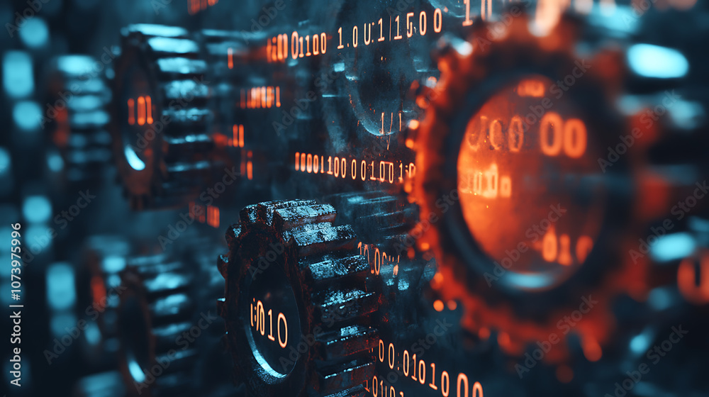 Leinwandbilder Rust programming language concept with rusty gears emerging from the dark, symbolizing robust and efficient coding