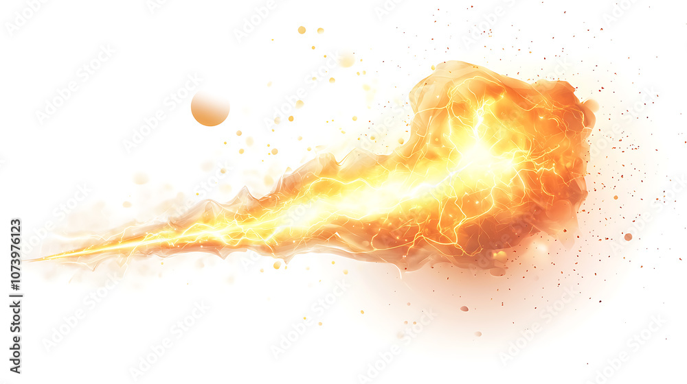 Poster realistic powerful electrical discharge with a lightning strike impact, displayed on a white backgro