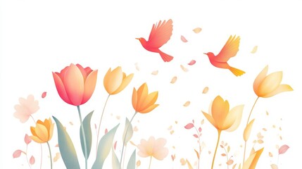 Vector illustration of flowers and leaves, tulips, digital art style, flat design, white background, vector graphics, bright colors, rich details, elegant lines, flowers in hand drawn style, flowers a