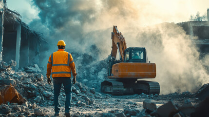 Construction worker observing a demolition site with heavy equipment in action during the day