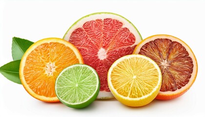 citrus mix orange grapefruit lime and lemon slices isolated on white background