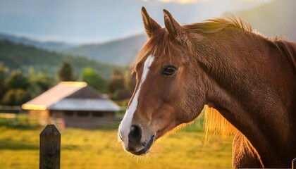 Naklejka premium horse head close up horse farm in the background rural landscape