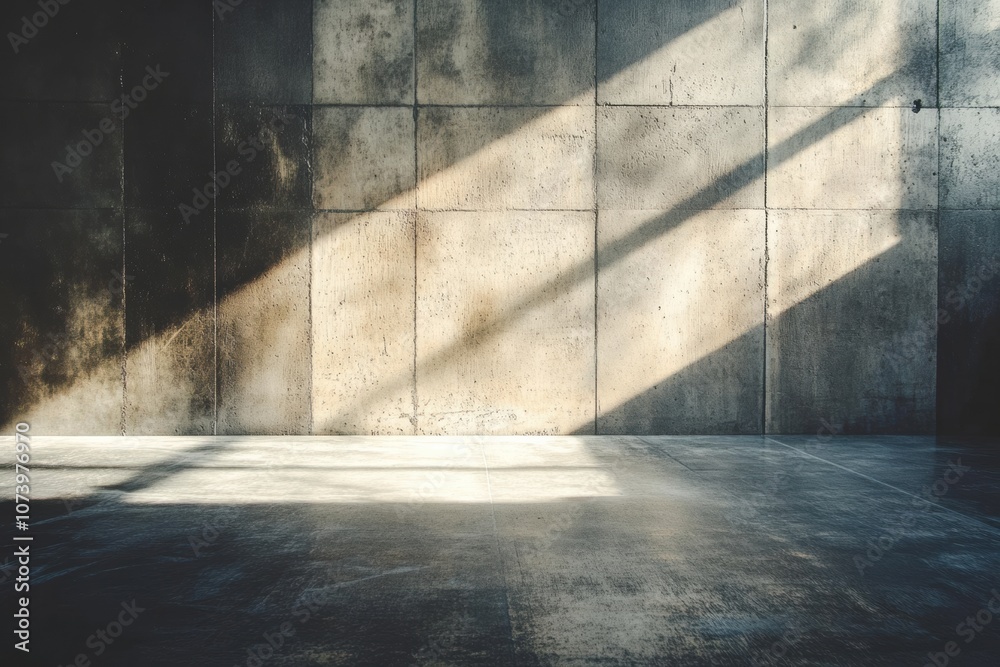 Poster Soft rays of light cast striking shadows on a concrete wall, creating a serene and minimalist atmosphere in the space. Generative AI