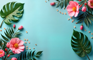 Pink flowers and monstera leaves on blue background. Floral arrangement with tropical foliage and petals. Decorative design for cards, banners and posters.