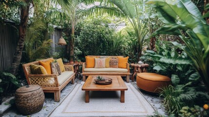 Tropical Lounge Oasis, an inviting outdoor seating area embraced by lush greenery, offering a serene escape for relaxation and enjoyment in a vibrant natural setting