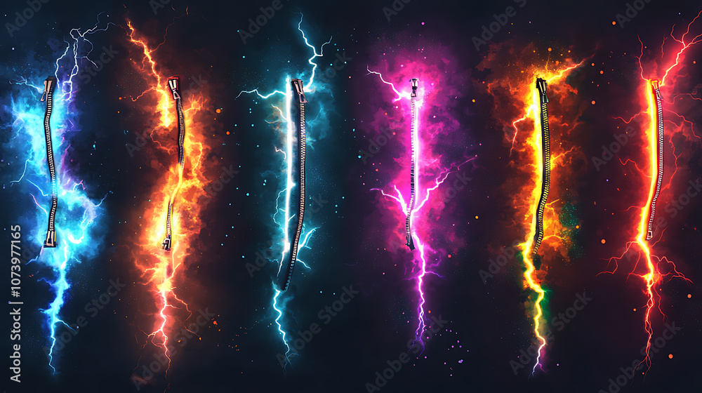 Poster the effect of lightning and lighting, set of zippers, thunderstorm and lightning, symbol of natural 