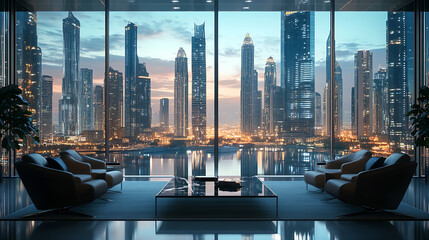 Naklejka premium Stunning cityscape background ideal for online business meetings, featuring a corporate environment with neutral colors, perfect for professional virtual settings and enhancing video calls