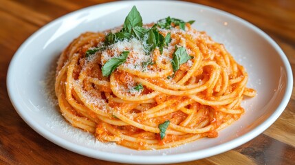 Top View of Spaghetti with Fresh Basil and Cheese