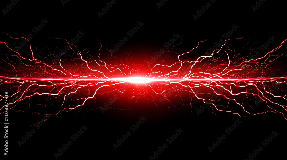 Poster thunder lightning vector electric power effect isolated on black background, red spark blast vfx ill
