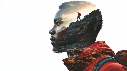 a double exposure effect showing a silhouette of a black man's face in profile, facing left. there's an image of a climber © Werckmeister