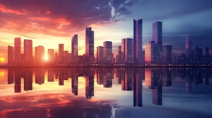 Fototapeta premium Urban skyline at sunset, tranquil reflections of skyscrapers in calm waters, vibrant colors illuminating the horizon, serene atmosphere enveloping the cityscape.