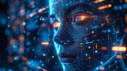 woman with artificial intelligence and a biometric overlay of luminous lines in the digital space.