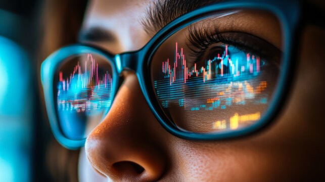 A close-up view of a person's eyes wearing glasses displaying vibrant financial market graphs and data analysis