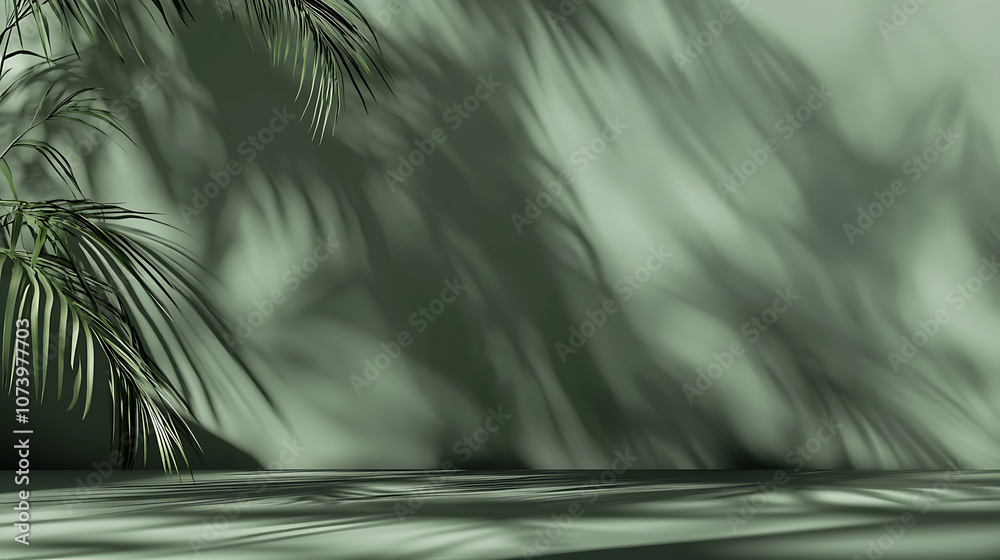 Leinwandbilder abstract green background with shadow of palm leaves on empty table for product presentation, minima