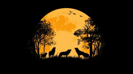 Silhouettes of wolves howling at the full moon in a dark forest.