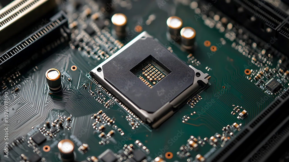 Poster Closeup of highperformance gpu chip on green motherboard intricate circuitry for gaming and computing