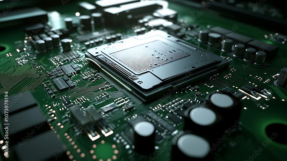 Poster Closeup of highperformance gpu chip on green motherboard intricate circuitry for gaming and computing