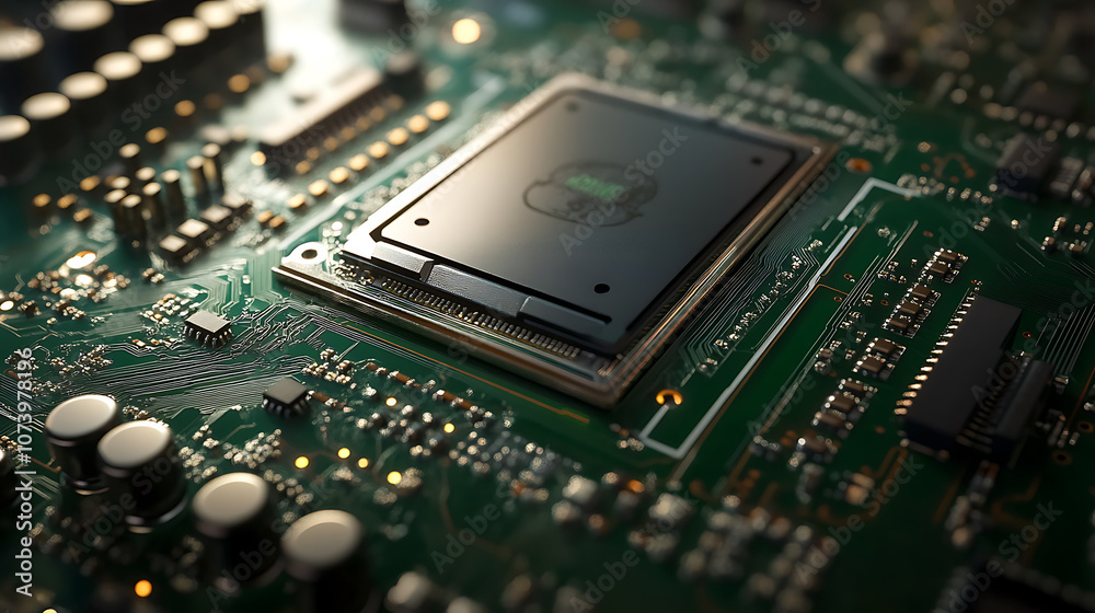 Poster Closeup of highperformance gpu chip on green motherboard intricate circuitry for gaming and computing