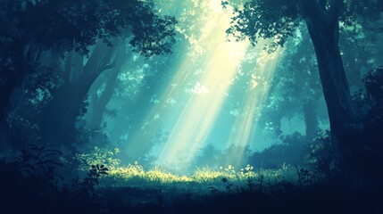 Sun rays shining through the canopy of a lush green forest.