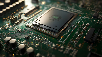 Closeup of highperformance gpu chip on green motherboard intricate circuitry for gaming and computing