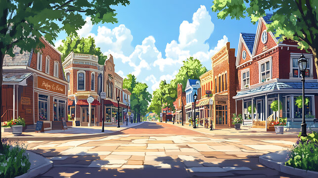 Charming small town main street with historic storefronts and shops midwest usa digital painting