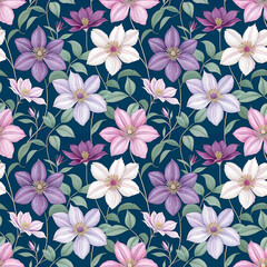 Fototapeta premium Pastel clematis flower pattern with green leaves