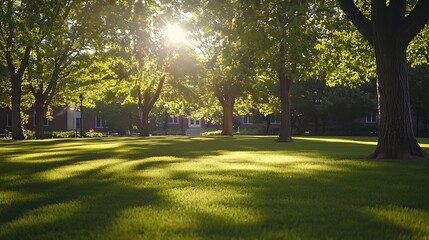 Fototapeta premium Green Campus Lawn Under Sunshine Perfect for Student Gatherings photo