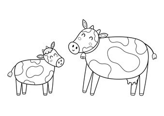 Mother cow with her baby calf in black and white. Cute farm animal characters in outline - mom and her child. Mother Day coloring page for kids. Vector illustration