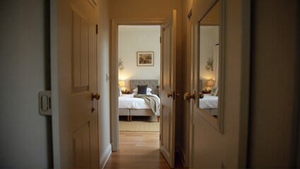 Warmly lit bedroom viewed through open door, inviting atmosphere, neutral tones, minimalist decor. Generative, AI.