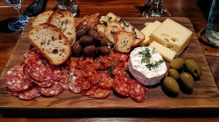 Delicious Assortment of Olives and Cheeses on a Platter