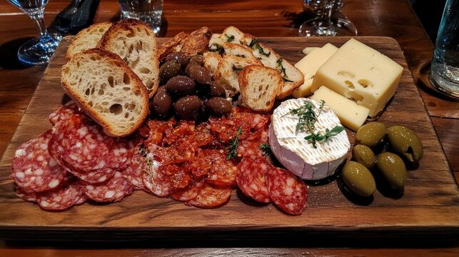 Delicious Assortment of Olives and Cheeses on a Platter