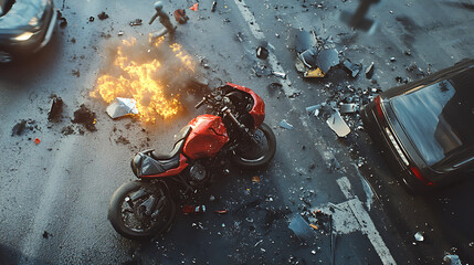Devastating motorcycle accident scene with car collision and debris on road