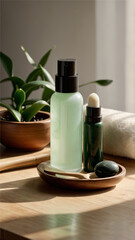 Natural skincare products with plant decor on wooden tray