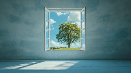 The window opens to reveal a lush green tree set against a clear blue sky, creating a peaceful...