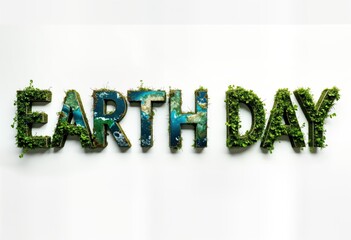 Earth Day text made of green grass on white background. Eco concept for poster, banner, web design. Use for spring celebration, holiday. Nature protection, green planet.
