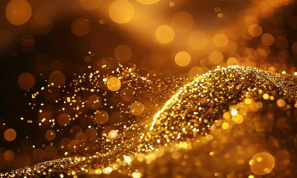 Gold luxury glitter dust sparkles against a black background, symbolizing luxury and celebration