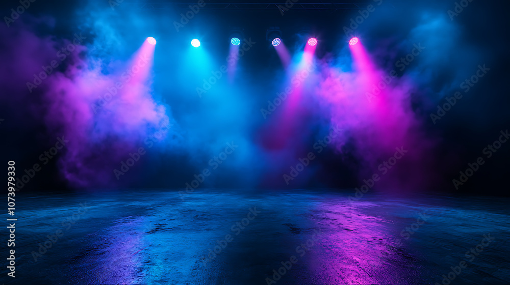 Aufkleber Empty dark stage with blue and purple laser beams and neon spotlights reflection on wet asphalt floor smoke floating up studio room mock up for product display 3d rendering