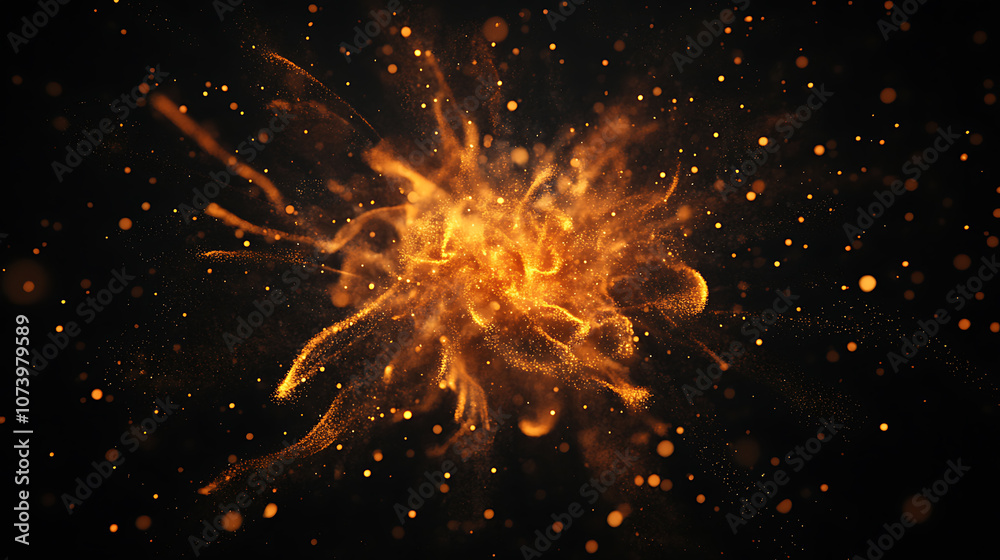 Poster Explosive sparkler ignition macro view of fiery particles scattering on black background