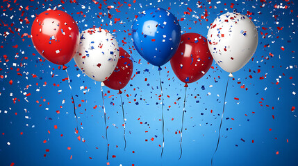 Festive scene of red, white and blue balloons floating in the air with confetti scattered around them