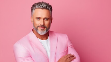Obraz premium Handsome male model aged 50-55 poses with a contented expression against a pastel pink backdrop