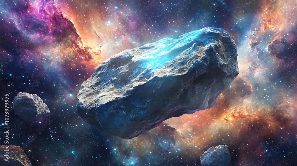 Poster flying rock in cosmic space surreal giant boulder floating in galaxy abstract 3d illustration