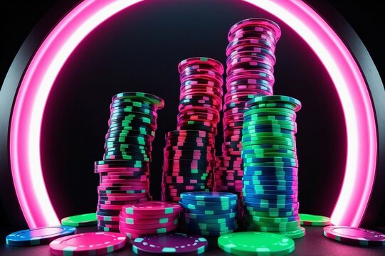 stacks of colorful casino chips with a neon pink ring background