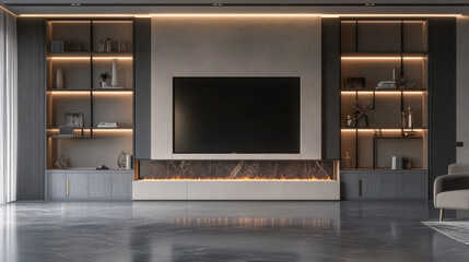 Modern living room interior design featuring sleek furnishings, marble accents, and warm lighting in a spacious contemporary home