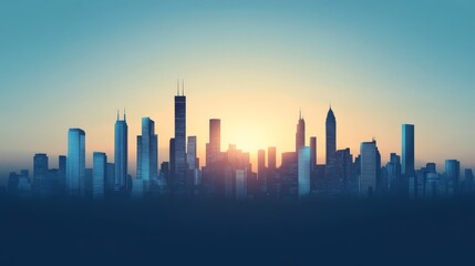 Fototapeta premium Silhouette of a modern city skyline with the sun rising behind it.