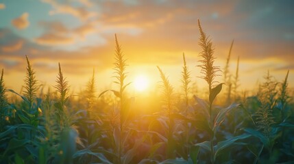 Naklejka premium organic misty corn field or maize field at agriculture farm in the morning sunrise