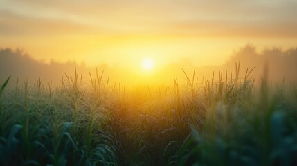 Naklejka premium organic misty corn field or maize field at agriculture farm in the morning sunrise