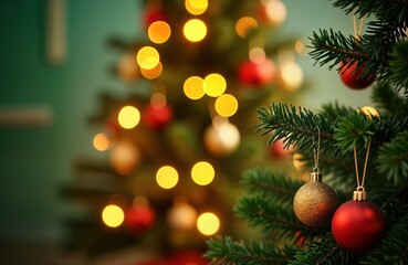 Obraz premium Close-up of Christmas tree branch with red and gold ornaments. Blurred background of Christmas lights and tree. Holiday decor, festive season, winter celebration, abstract background, bokeh effect.