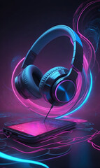 Electric neon notes glow around headphones with electric neon hues