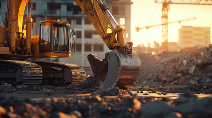 Excavator working at dusk on a construction site with a vibrant sunset sky illuminating the scene